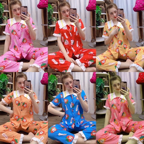 Pijama tiểu thư tay ngắn hoạt hình gấu dâu xinh xắn freesize dưới 56kg, đồ bộ tay ngắn vải lụa hàn xịn mịn đẹp siêu mát