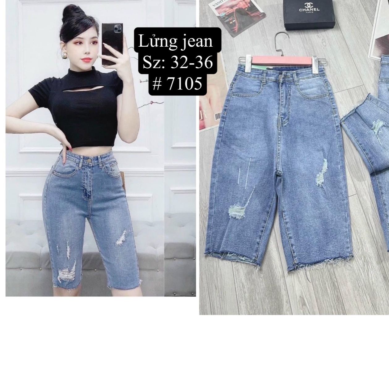 Bigsize quần ngố jeans co giãn, lưng cao, đen-xanh đậm-xanh sáng