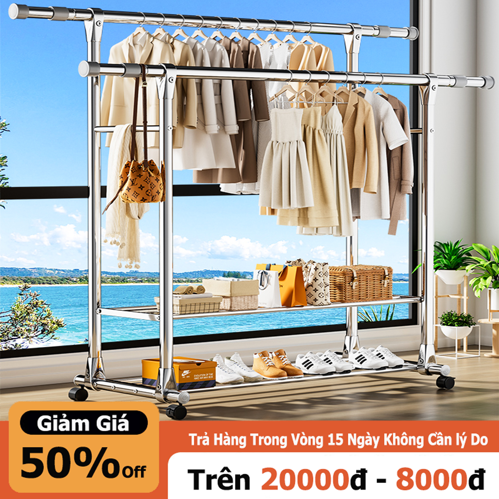 Miki giàn phơi quần áo thông minh giàn sào phơi đồ inox đôi chân vuông siêu bền có bánh xe