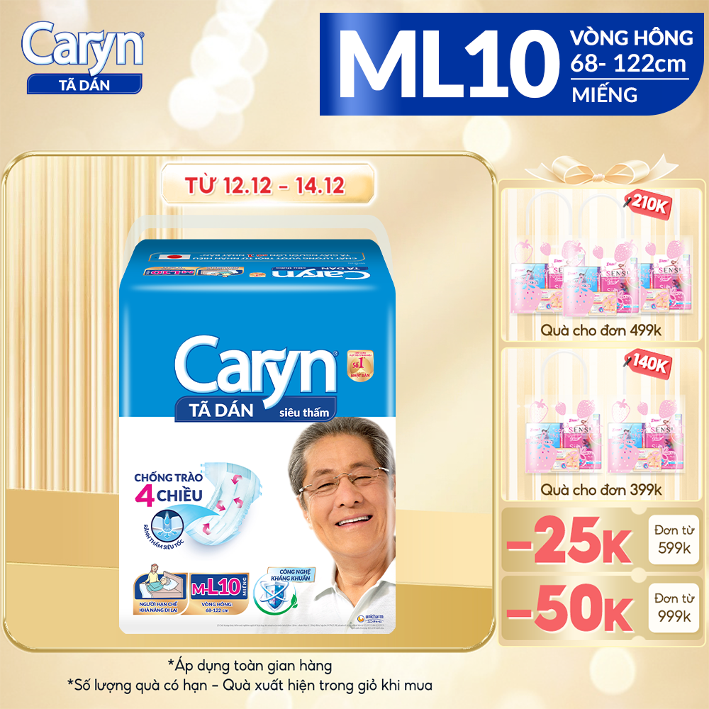 Tã dán người lớn caryn siêu thấm size ml/l - 10 miếng dành cho người hạn chế khả năng đi lại