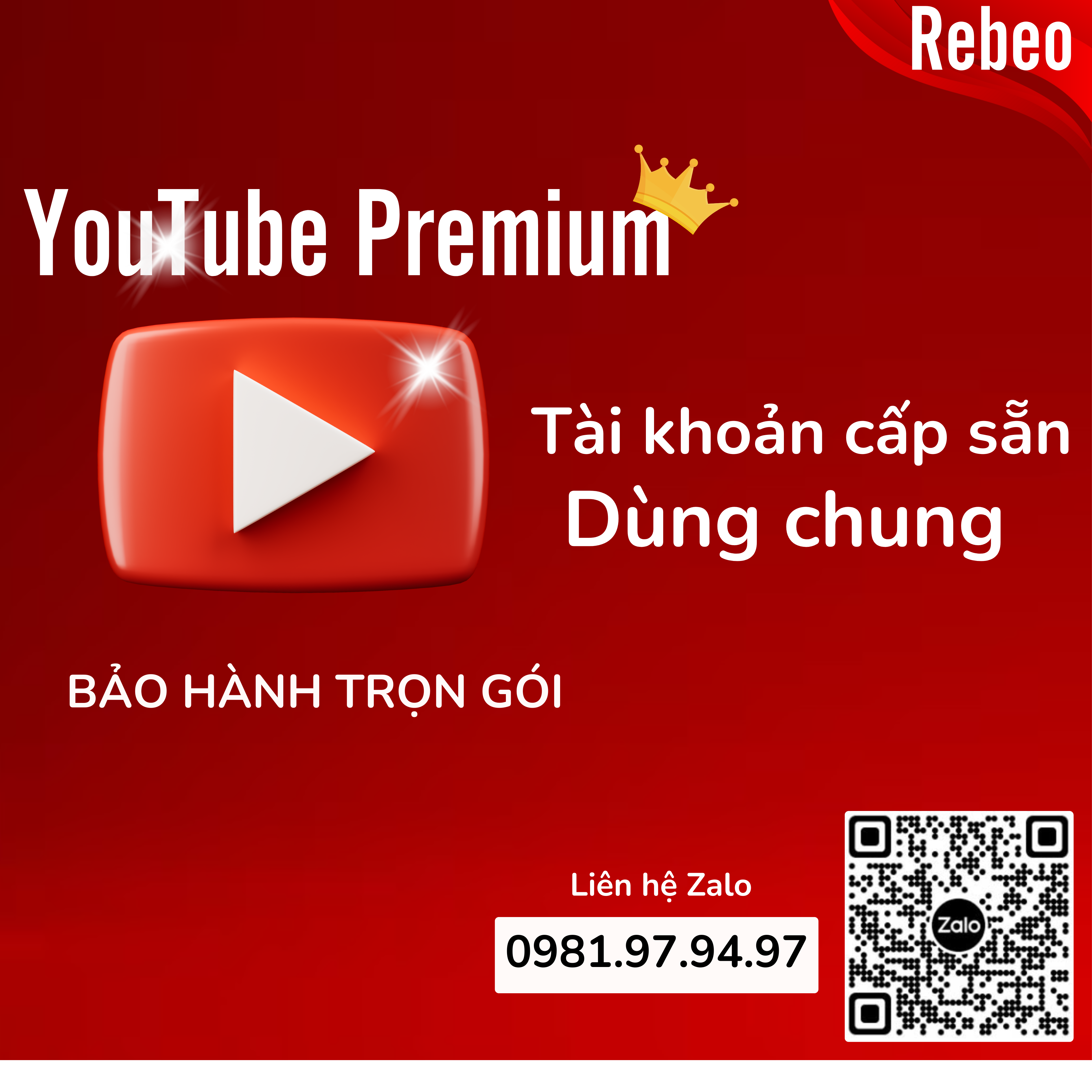 Youtube Premium 3 Tháng , 6 Tháng, 12 Tháng- Tài Khoản Phần Mềm - Dùng Chung, Cấp Sẵn - REBEO Shop