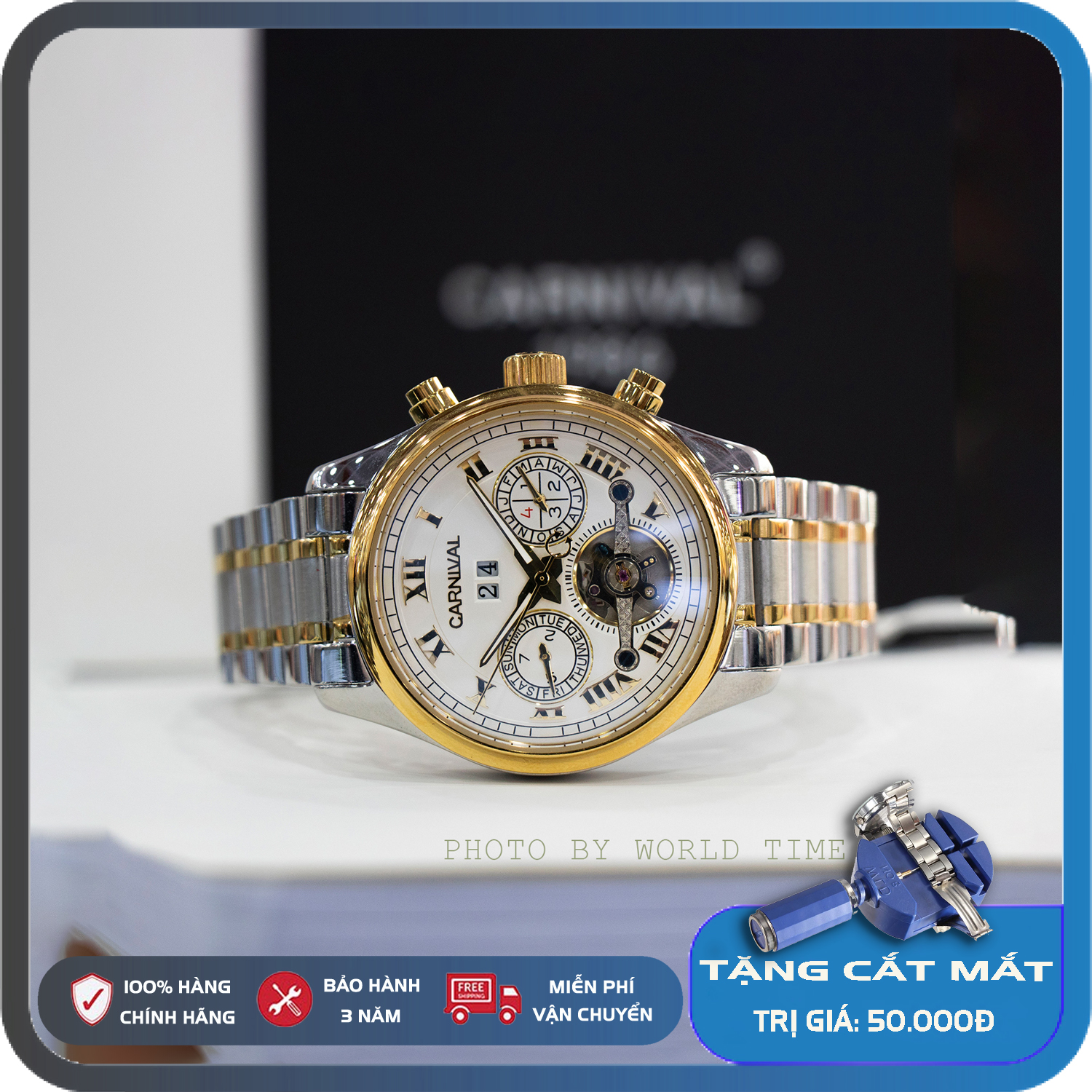 Đồng hồ nam Carnival 8728G Full box, Thẻ Bảo Hành 03 năm toàn quốc, Kính Sapphire Chống Xước, Chống Nước Dây Thép không gỉ 316L
