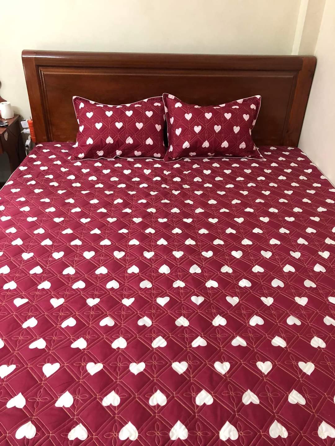 ☝️ Drap chun trần bông tặng kèm 2 vỏ gối đầu - Ga gối poly cotton dày dặn mẫu Tim đỏ - Đủ Size m6 m8 2m2