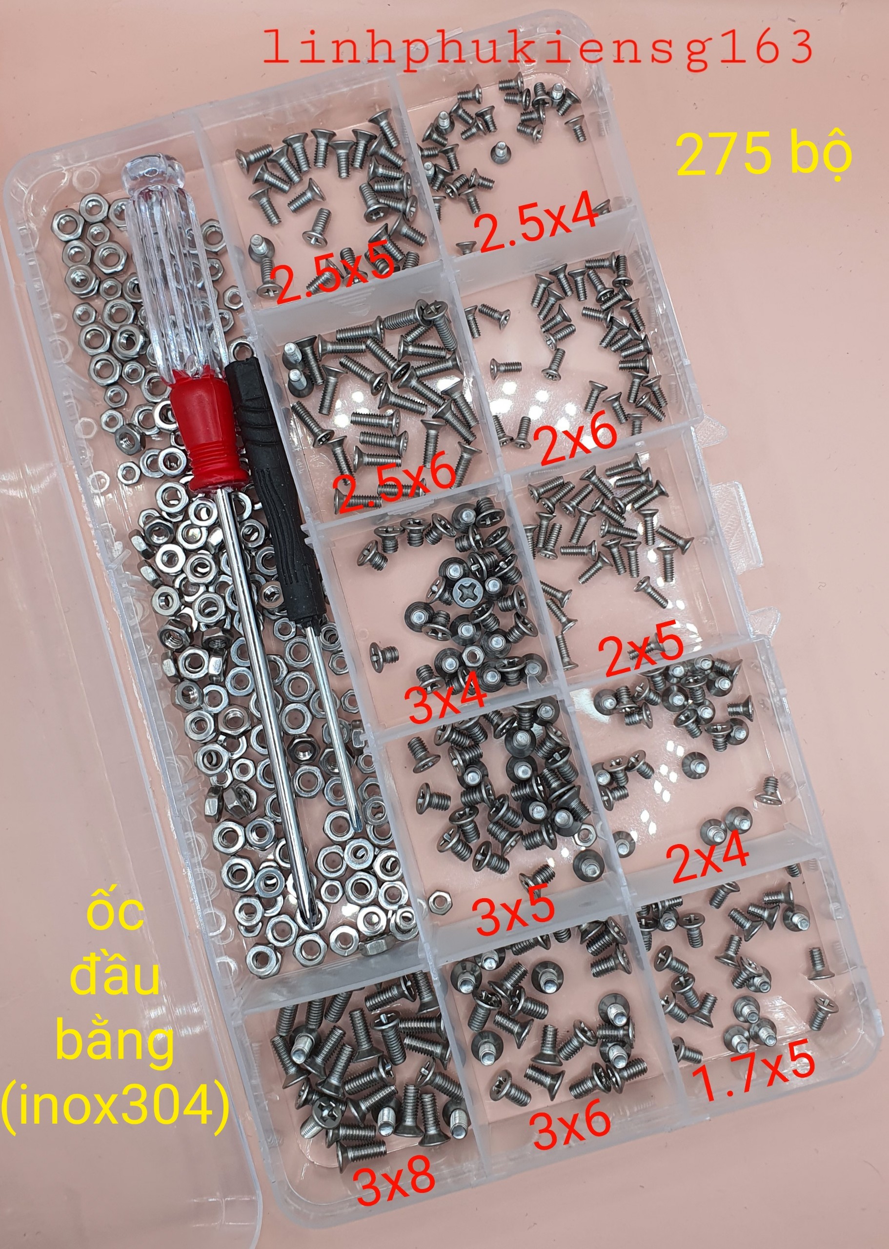 Hộp 275 bộ ốc đầu bằng inox304 nhiều kích thước