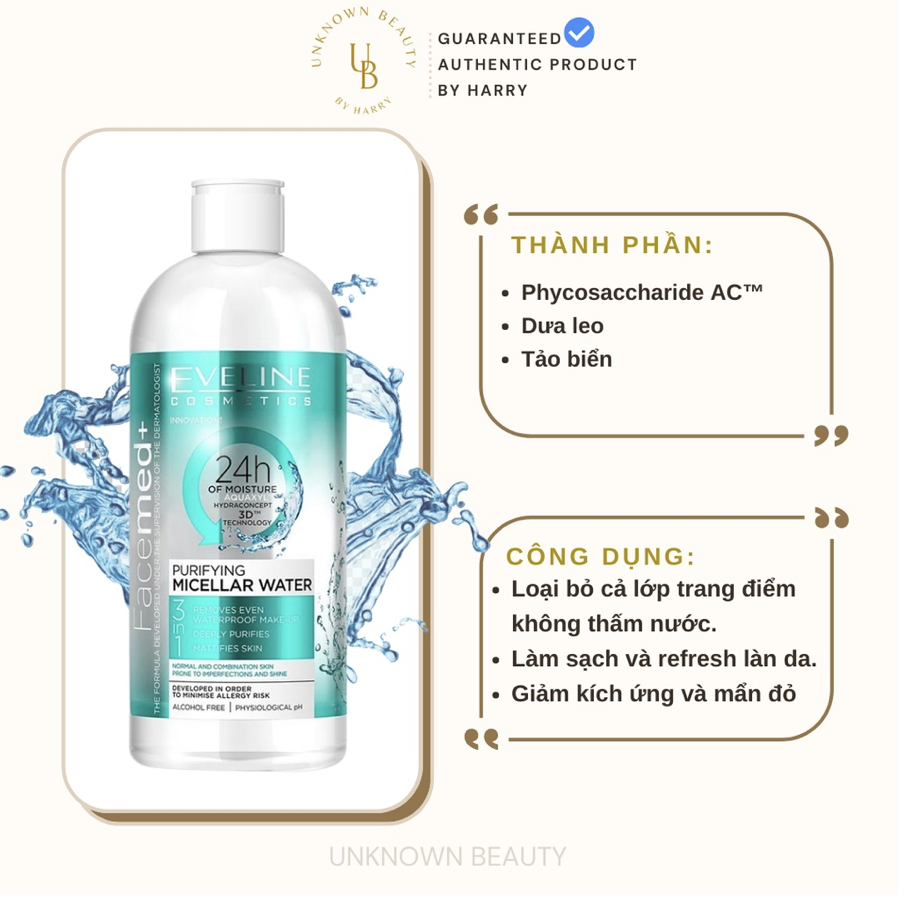 Nước tẩy trang Eveline Purifying Micellar Water dành cho da thường và hỗn hợp | Unknown Beauty