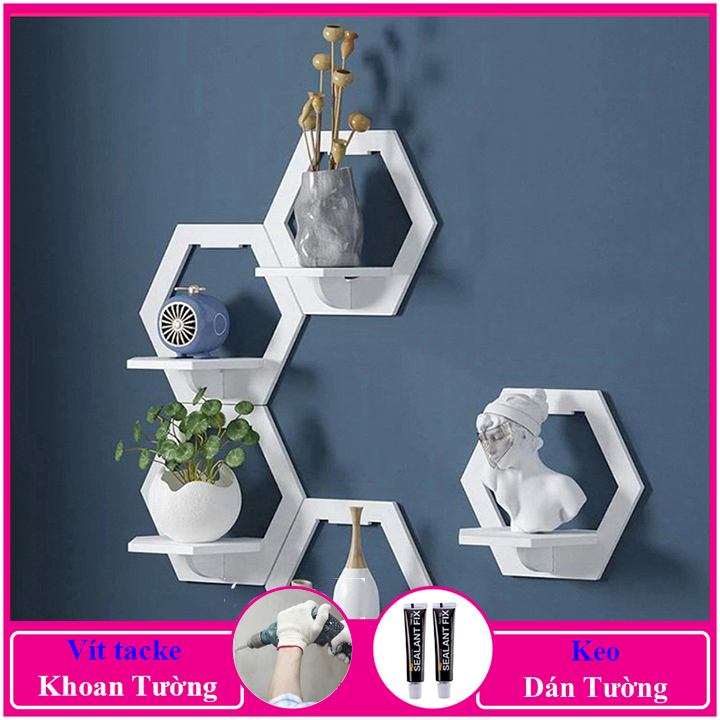 kệ treo tường trang trí không cần khoan hình lục giác, chất liệu gỗ Pitech cao cấp màu trắng, chống nước, chống ẩm mốc mối mọt