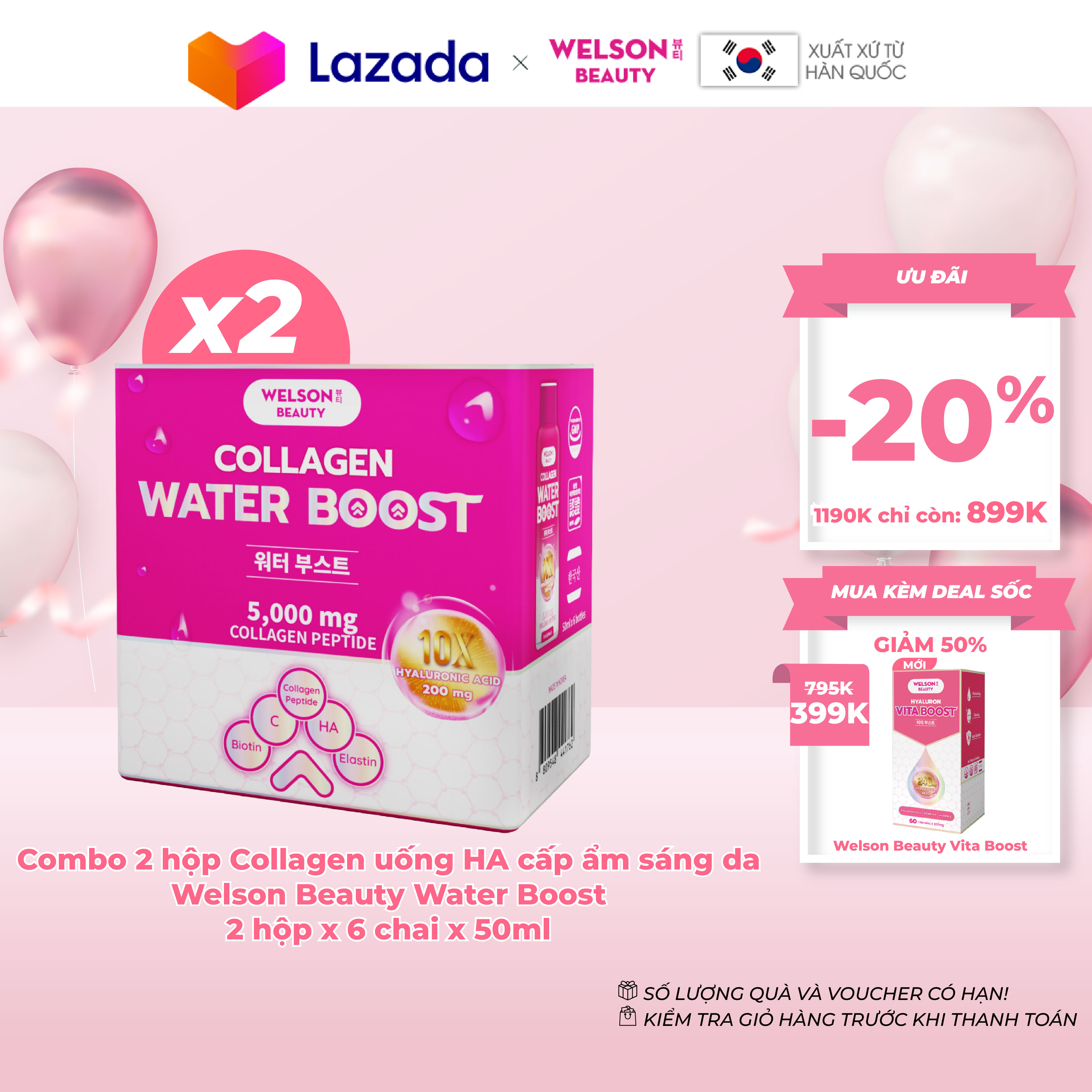 Combo 2 Hộp Collagen uống HA cấp ẩm sáng da Welson Beauty Water Boost 2 x