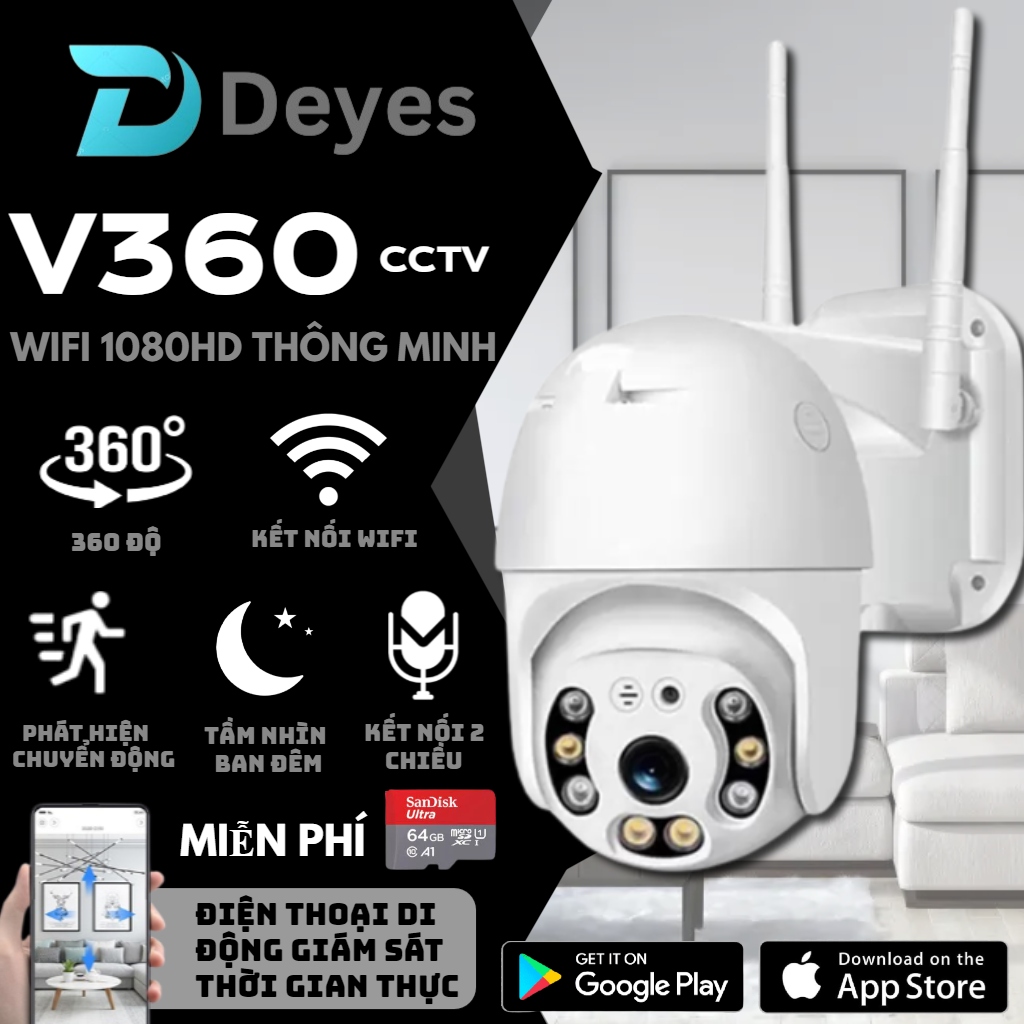 DEYES Camera An Ninh CCTV V360 HD 1080P Wifi Không Dây Chống Thấm Nước Hỗ Trợ Tầm Nhìn Ban Đêm