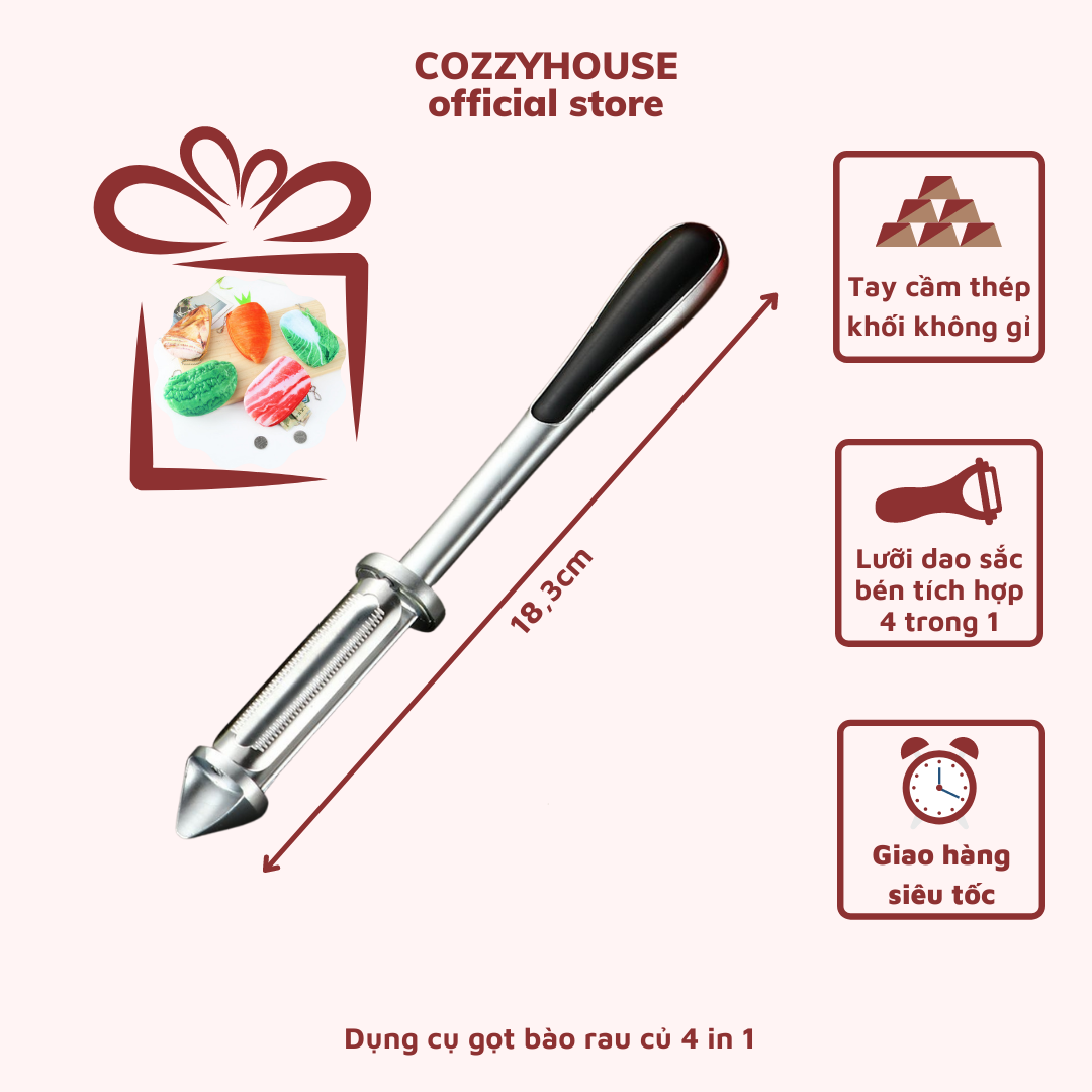Dụng cụ bào rau củ quả, bộ tích hợp dao nạo và gọt rau củ quả trái cây đa năng 4 in 1 làm từ thép nguyên khối sáng TẶNG KÈM VÍ ĐỰNG TIỀN 3D MINI HÌNH RAU CỦ QUẢ bóng Cozzy House DBRC-CH