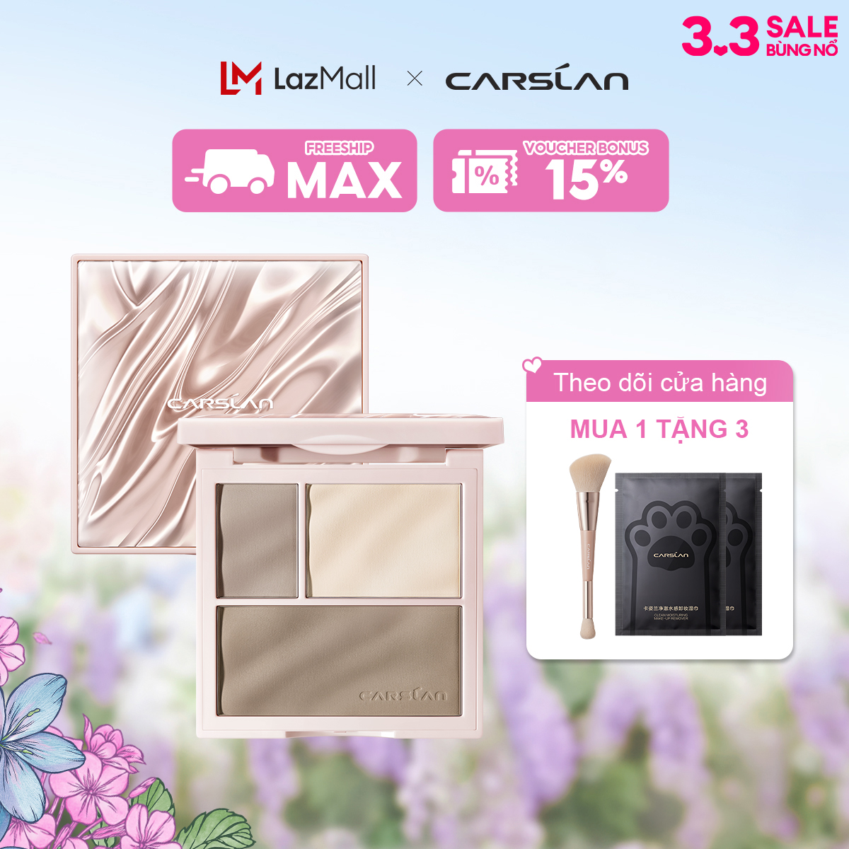 [ĐỘC QUYỀN 3 (20pm) - 6.04|VOUCHER+QUÀ TẶNG]Bảng phấn tạo khối Carslan 3 màu mềm mượt và không vón cục Highlight - khối mũi - khối mặt  16g