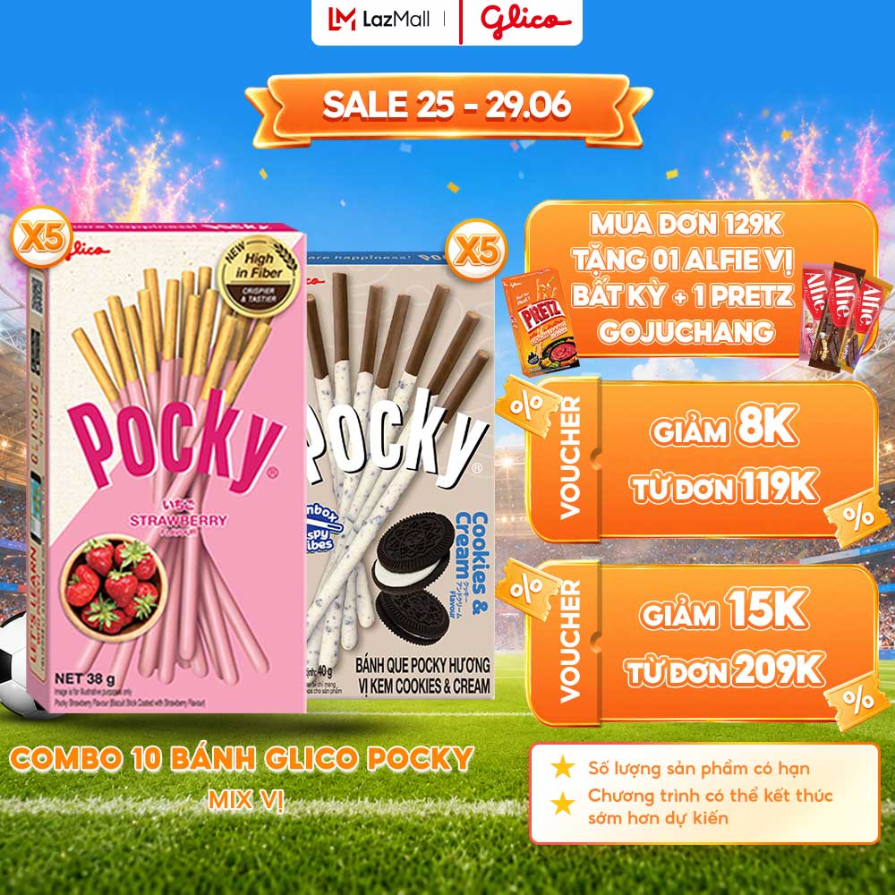 Combo 10 hộp Happy Set E Bánh Snack Que Phủ Kem Glico Pocky (5 Dâu - 5 Cookies  Cream)