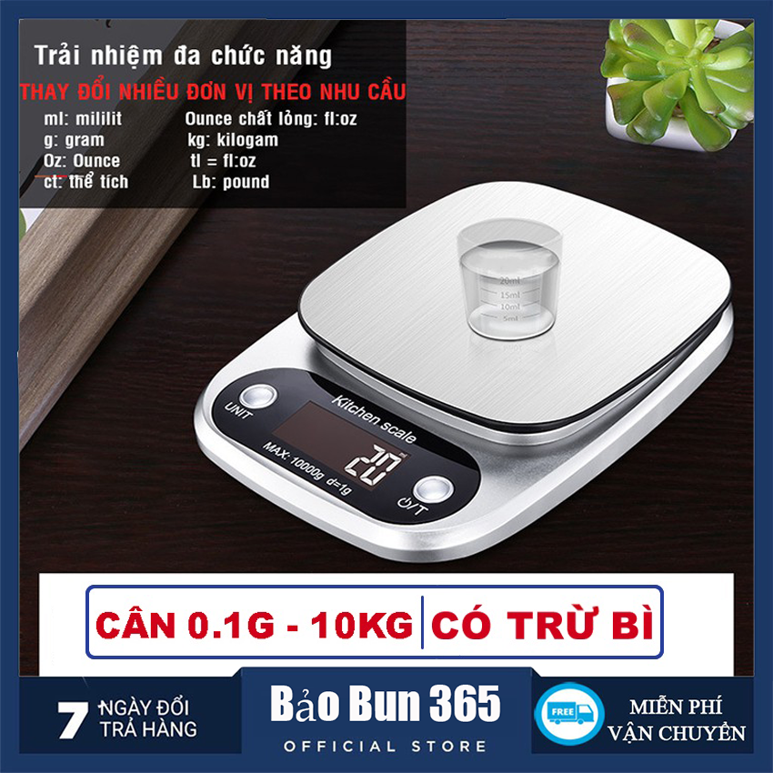 Cân tiểu ly điện tử nhà bếp mini định lượng 1g - 10kg làm bánh độ chính xác cao kèm 2 viên pin AAA