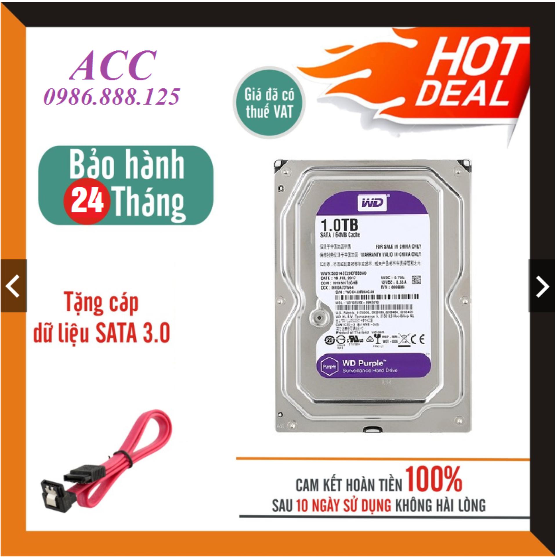 Ổ cứng HDD 1TB ( 1000G )  Western Purple ( Tím ) , Chuyên dùng cho camera , lưu trữ dữ liệu , lắp máy tính để bàn - Bảo hành 24 tháng 1 đổi 1