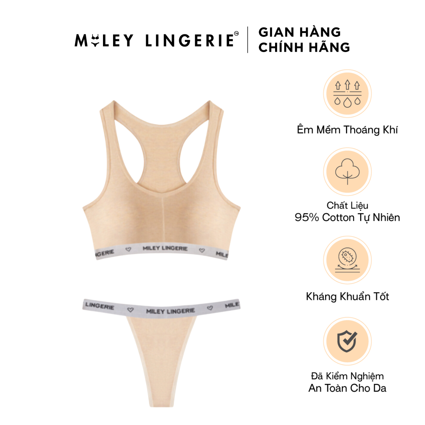 Bộ Đồ Lót Áo Ngực Nữ Thể Thao Cổ Tròn và Quần Lót Nữ Lọt Khe Melange Active Chất Liệu Tự Nhiên Màu Da Miley Lingerie BRM09053-FMS0967