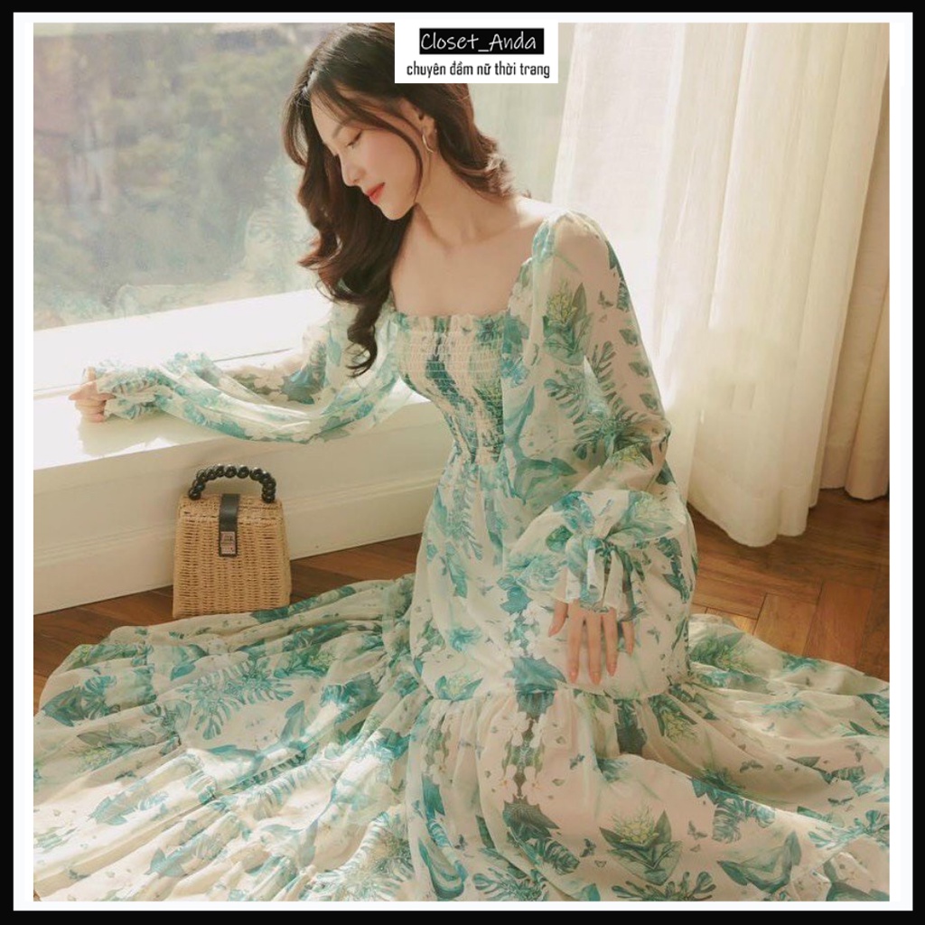 Đầm maxi hoa nhí dài tay freeship đầm hoa dáng dài đi biển du lịch cổ vuông