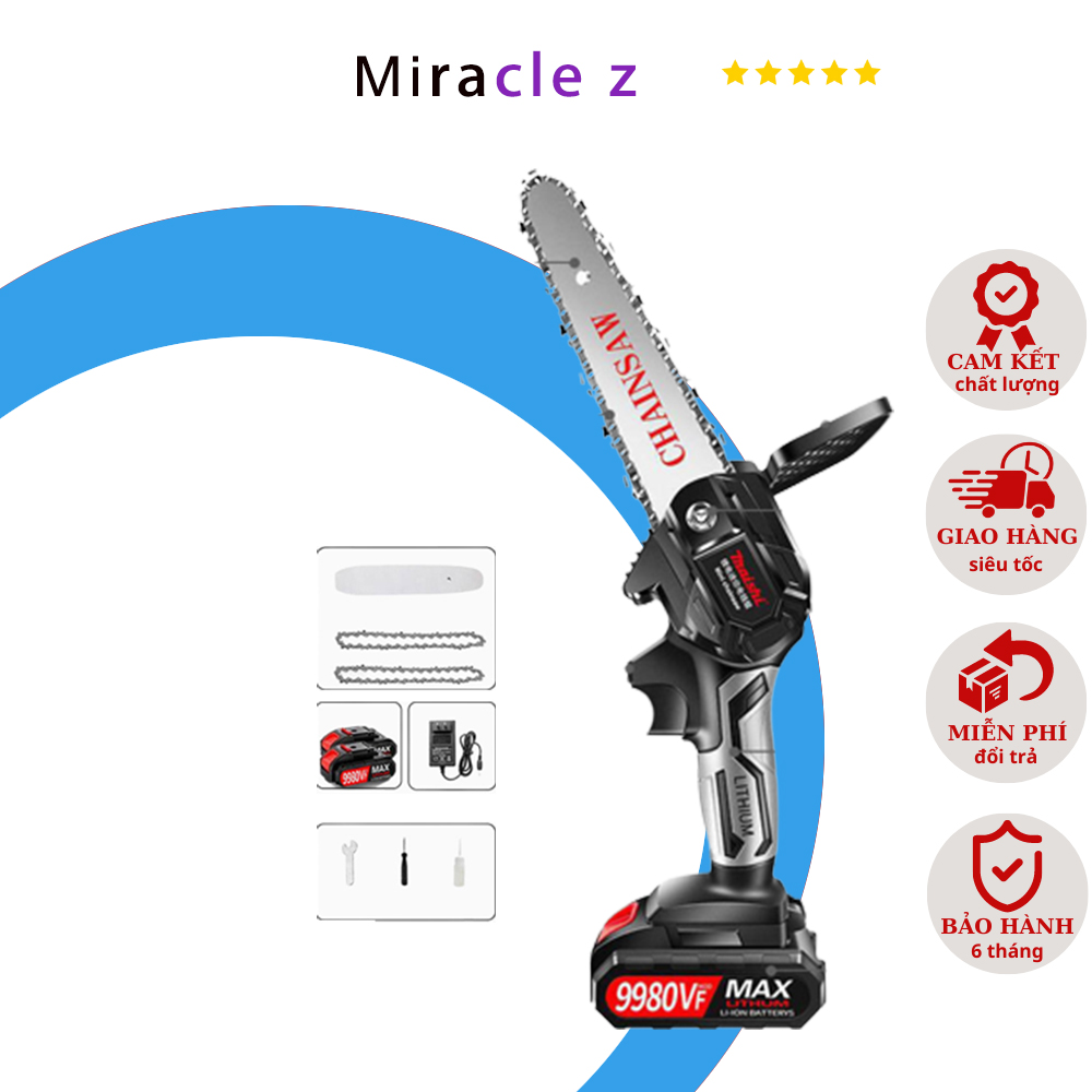 Cưa xích di động, cưa xích pin, pin dung lượng lớn, cưa xích 6 inch. Với 2 cục pin khổng lồ và hai dây xích