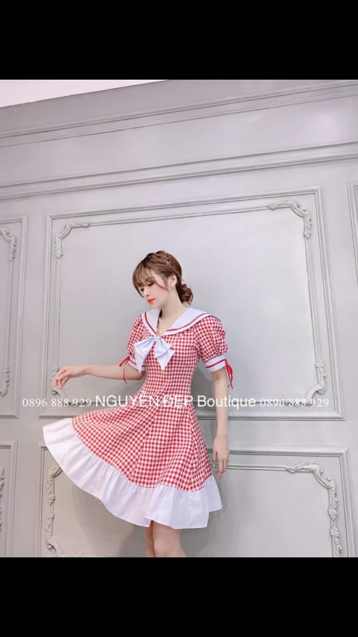 [HCM]Đầm caro cổ bè nơ ngực tay búp đuôi cá cực đẹp #damcarrononguctaybup