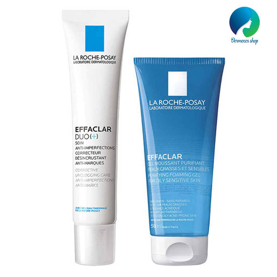 Combo kem dưỡng da giảm mụn viêm và thâm mụn La Roche Posay Effaclar Duo(+) 40ml và Gel rửa mặt dành cho da dầu mụn Effaclar Gel 50ml - DMCMP022