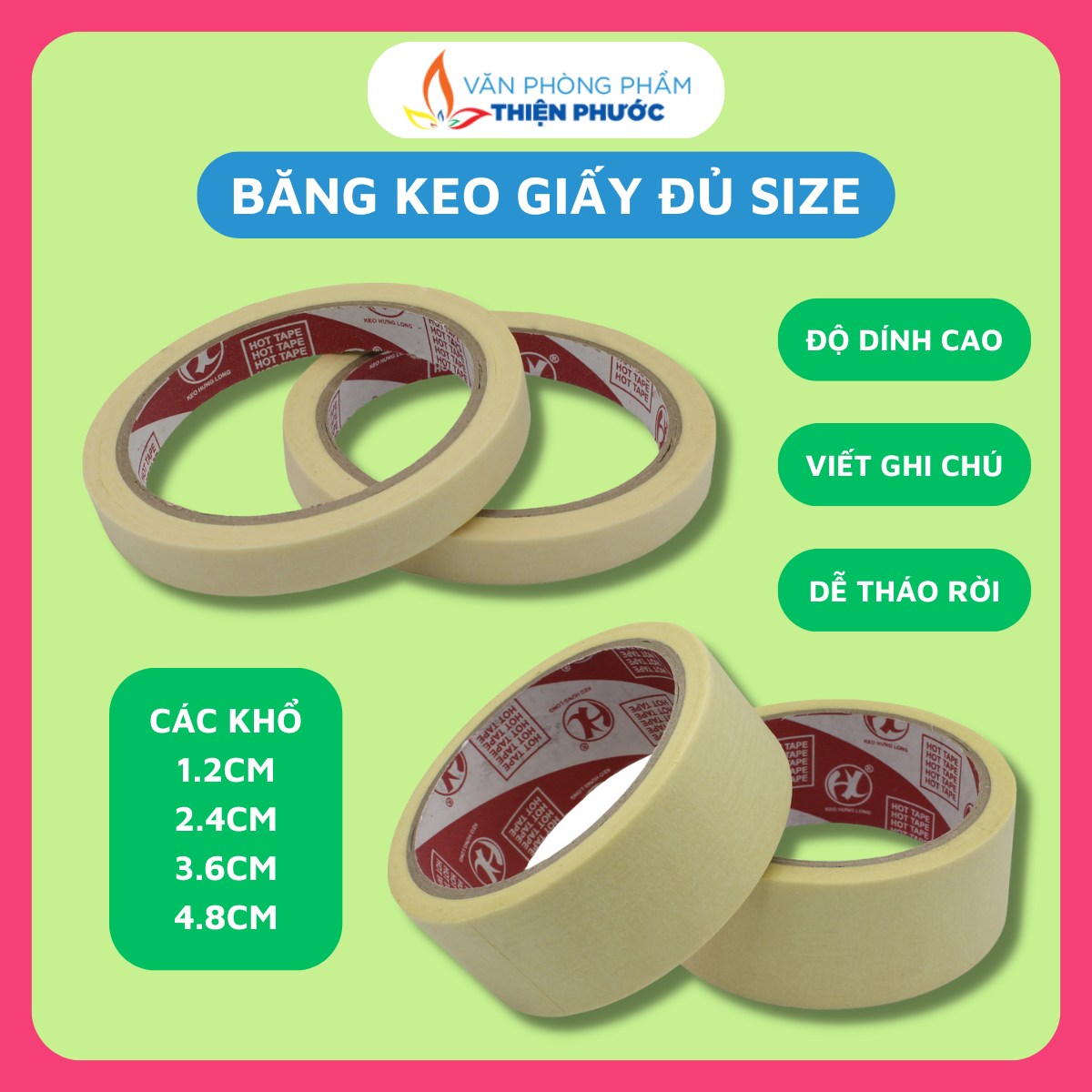 Băng keo giấy 1.2cm/4.8cm dùng để ghi chú, dán viền, bản vẽ THIỆN PHƯỚC