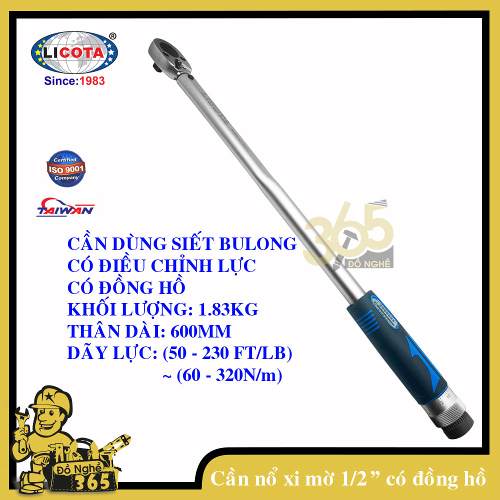 Cần siết chỉnh lực 1/2" có đồng hồ licota cần nổ, cờ lê lực chất liệu thép cr-v chịu lực tốt