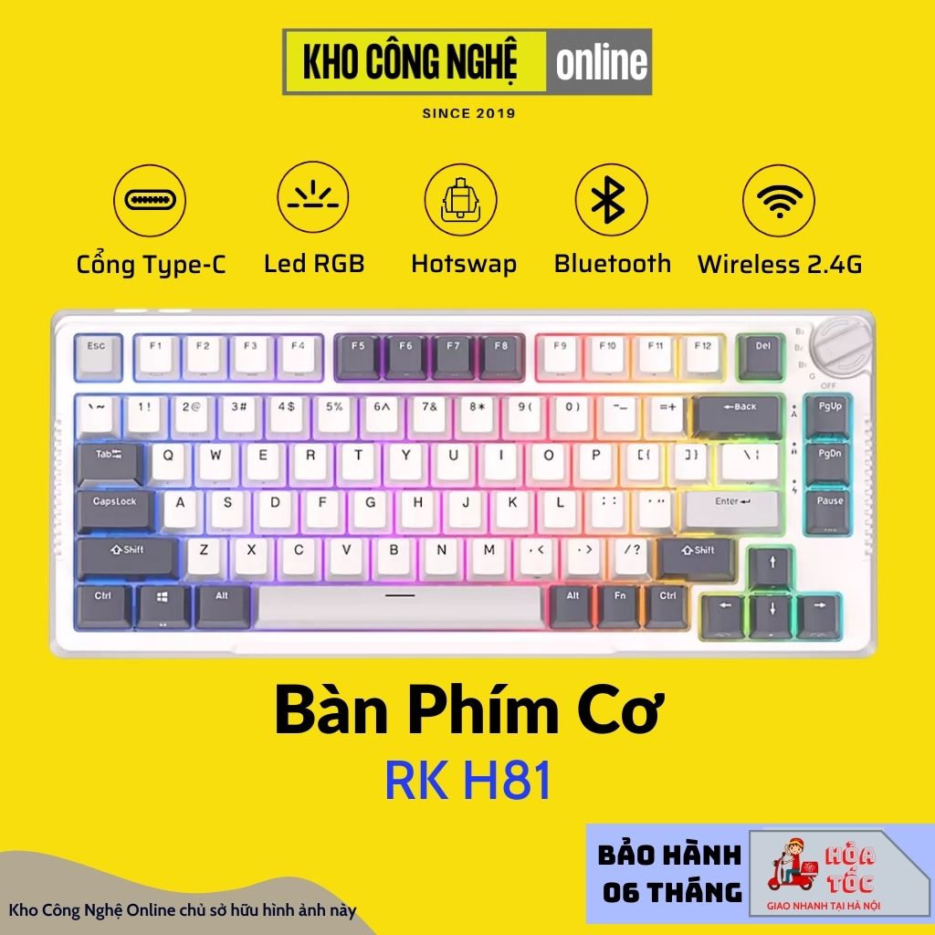 RK H81 Bàn phím cơ RK H81 Kết nối 3 chế độ Bluetooth 5.0 Wireless 2.4G Type C RGB Gasket mount swap