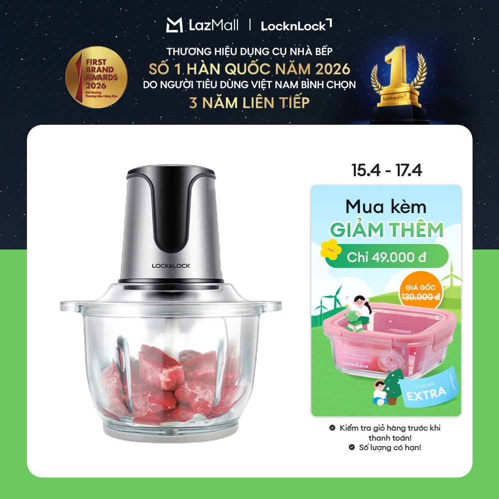 EJM171 - Máy xay thịt đa năng LockLock 2L 300W - Cối thủy tinh, Lưỡi dao kép thép không gỉ, 2 cấp độ xay - chính hãng - Bảo hành 2 năm