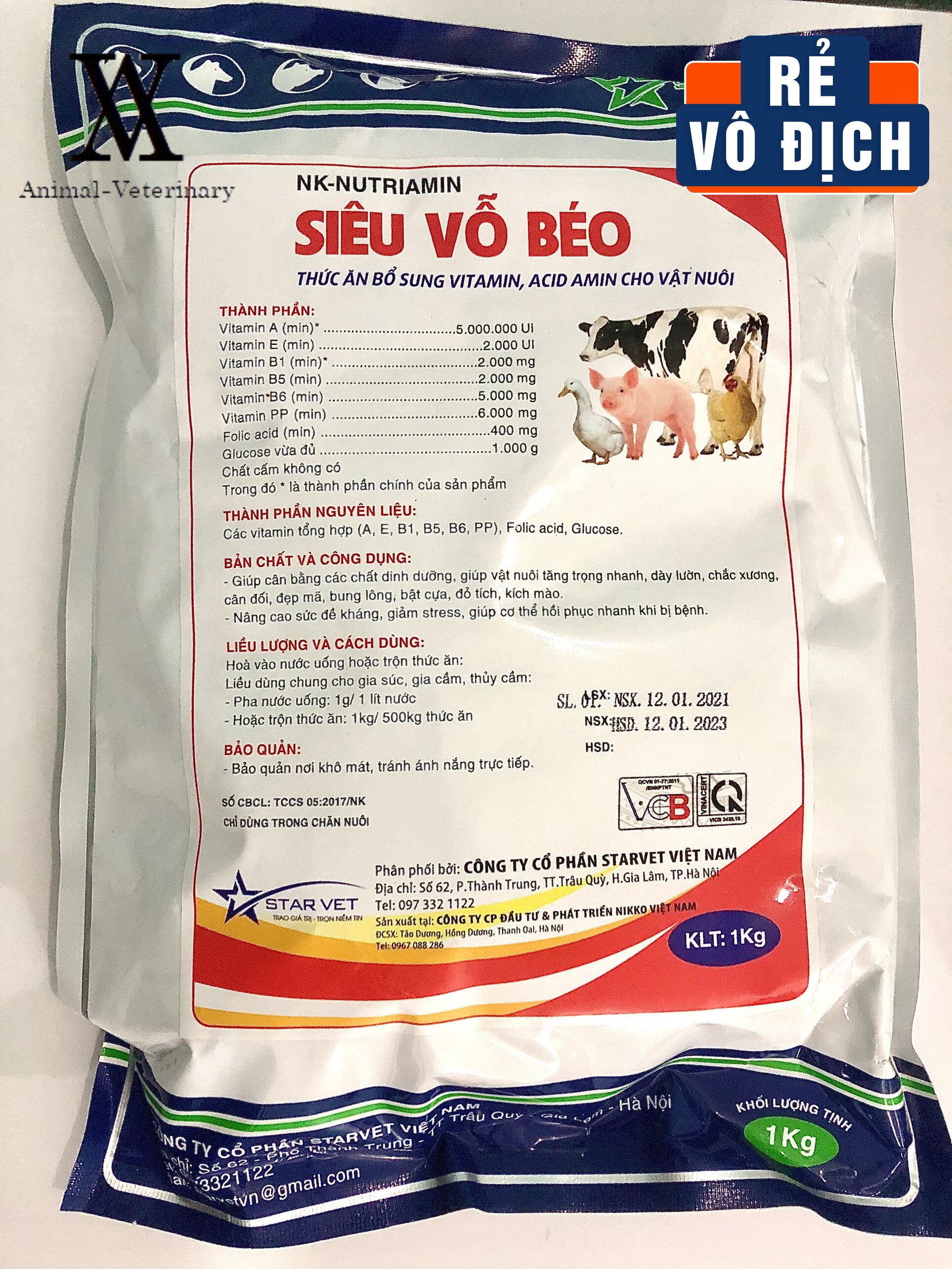 Thuốc thú y star siêu vỗ béo 1kg thức ăn bổ sung vitamin, acid amin cho vật nuôi
