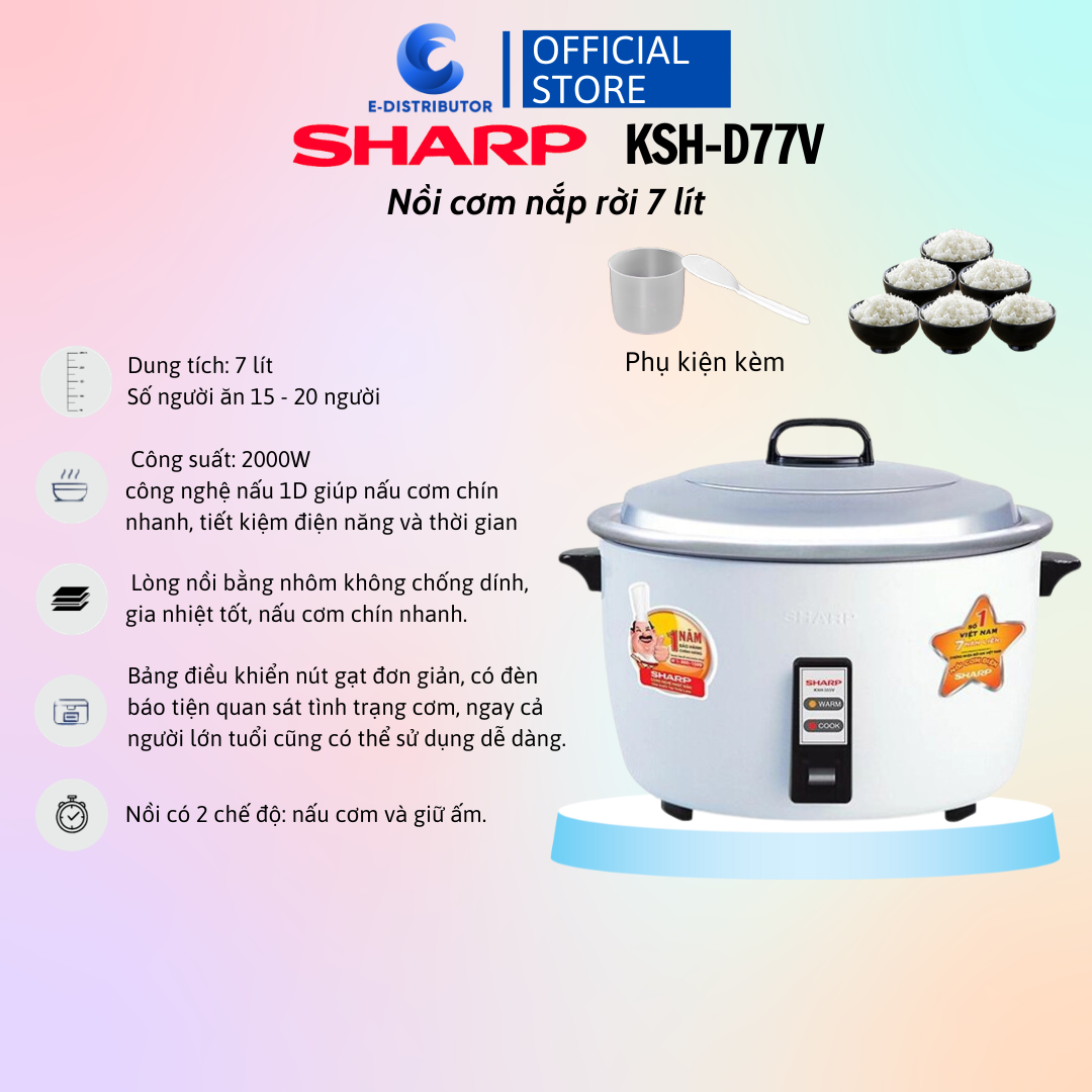 Nồi cơm nắp rời sharp 7 lít ksh-d77v - hàng chính hãng - bảo hành 12 tháng - tiện lợi cho nhà bếp