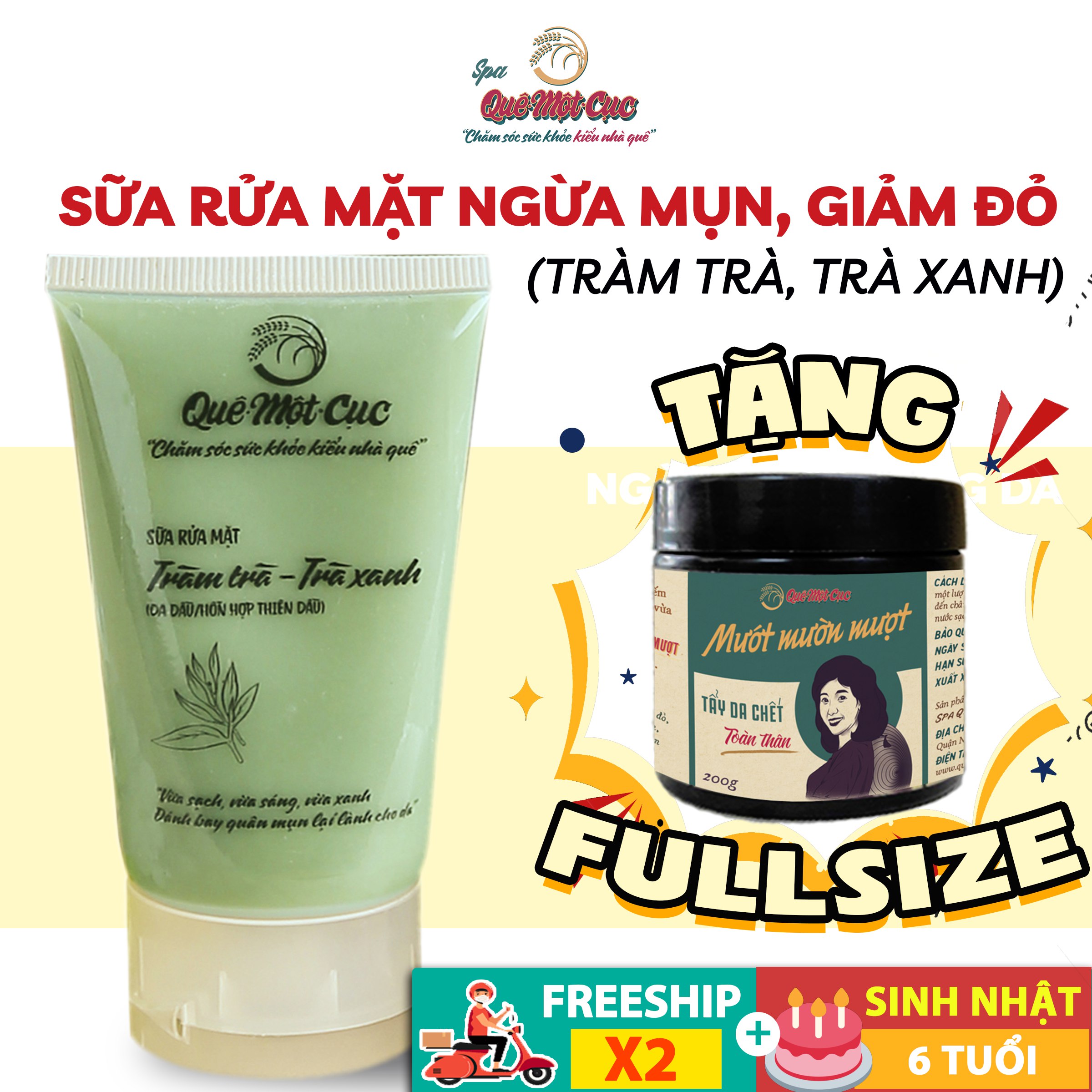 Sữa rửa mặt trà xanh giảm mụn, dưỡng ẩm, tràm trà QUÊ MỘT CỤC 50G