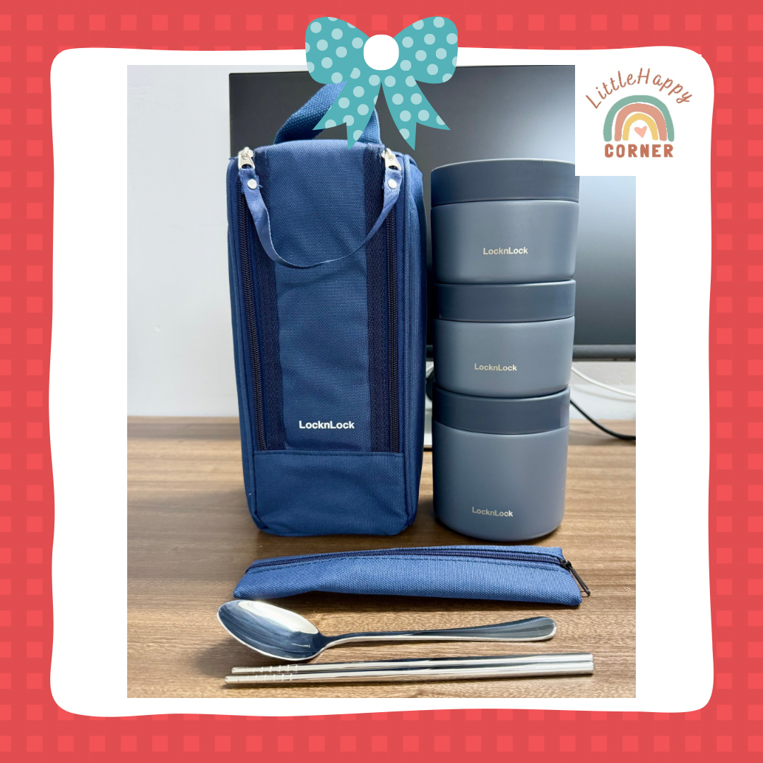 Bộ Hộp Cơm Giữ Nhiệt 3 Ngăn Kèm Túi Thìa Muỗng Pump Vacuum Lunch Box Lock&Lock LHC8052 - Hàng Chính