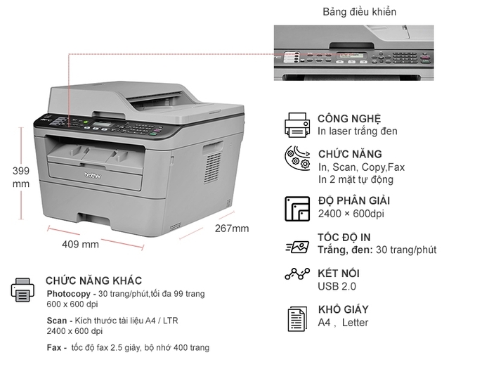 Máy in laser đa chức năng  Brother MFC-L2701D ( ĐÃ QUA SỬ DỤNG )  (In, Copy, Fax, Quét) đơn sắc với khả năng in đảo mặt tự động và tốc độ in nhanh. Kèm dây nguồn dây usb mới