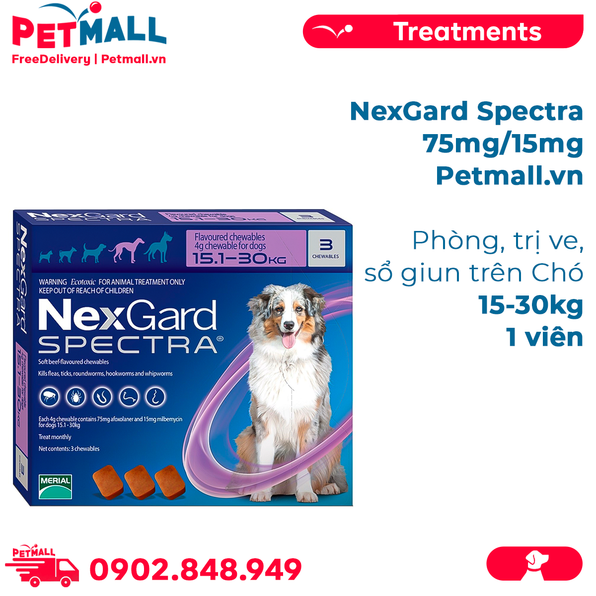 NexGard Spectra 75mg/15mg Phòng, trị ve, sổ giun trên Chó 15-30kg - 1viên Petmall