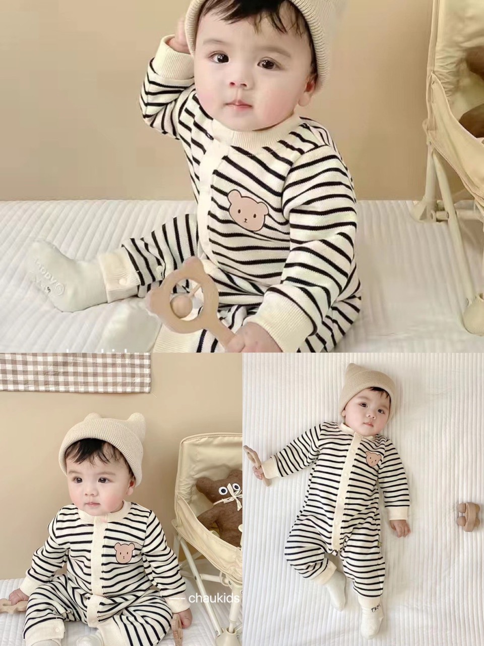 Body gấu dài kẻ ngang côton cho bé trai