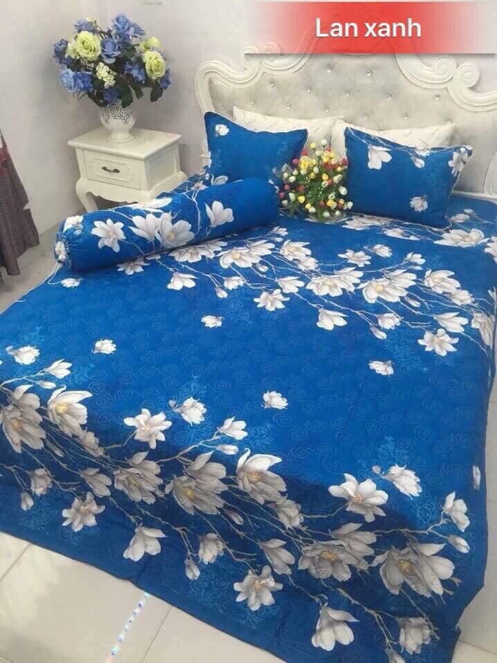 Bộ 5 món chăn ga vỏ gối - mẫu hoa lan xanh