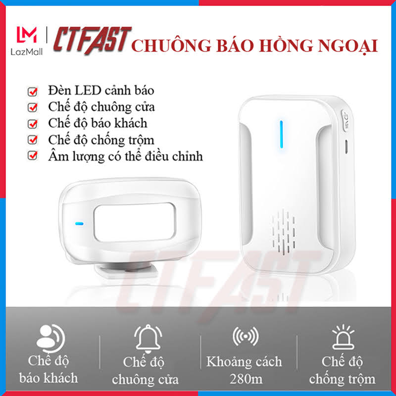 Chuông Báo Khách Cửa Hàng, Báo Động Chống Trộm Cảm Biến Chuyển Động Hồng Ngoại Không Dây CTFAST 02 - Lời Chào Báo Khách Ghé Thăm, Dọa Trộm Xâm Nhập