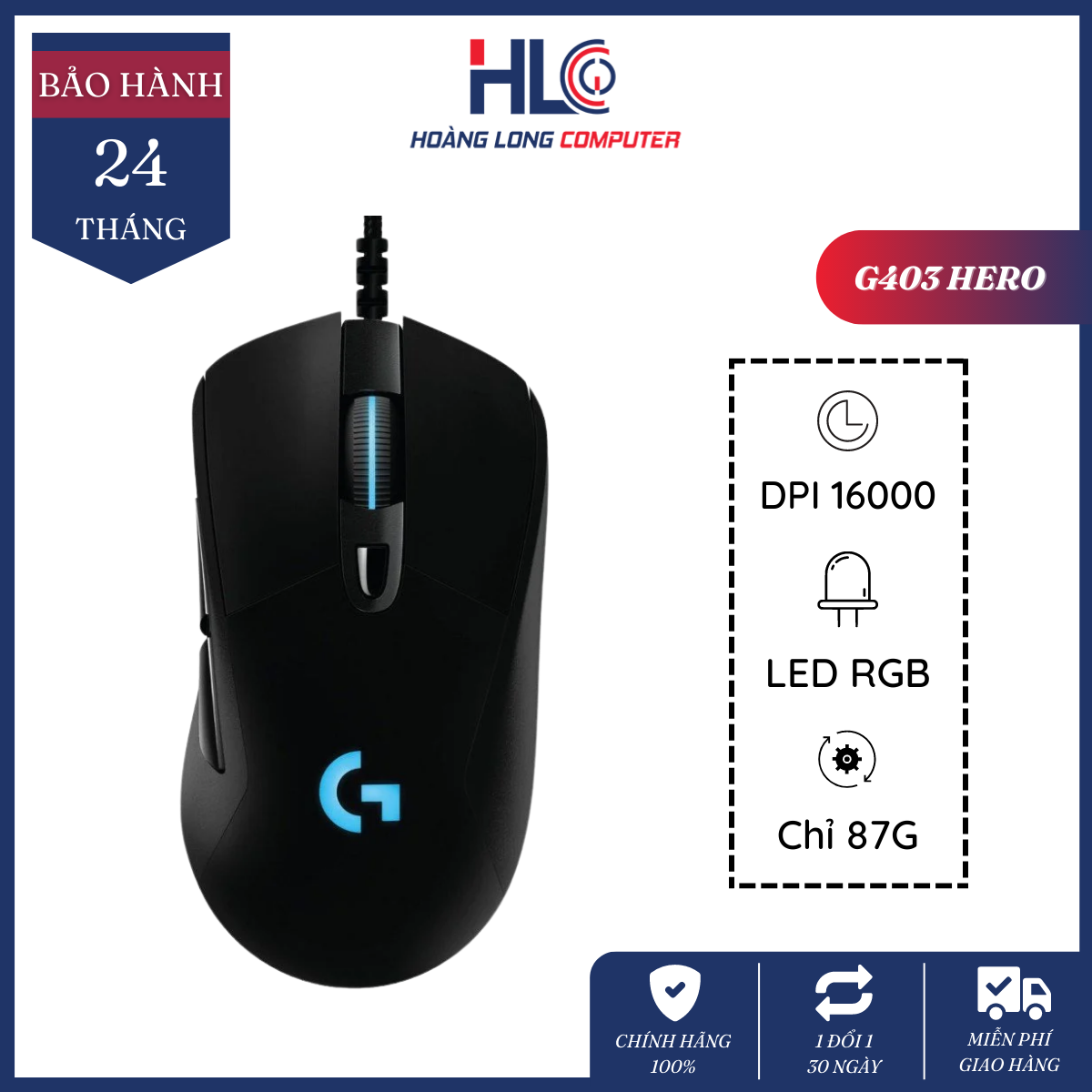 Chuột chơi game logitech g403 hero - chuột chơi game chính hãng logitech bảo hành 24 tháng - chuột gaming có dây chất lượng cao - hoàng long computer