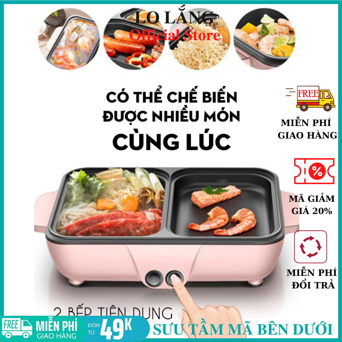 [NẤU MỌI THỨ] Bếp Lẩu Điện Mini 2 trong 1 Chống Dính Đa Chức Năng Vừa Nướng Vừa Lẫu Nồi Lẩu Nướng 2 Ngăn