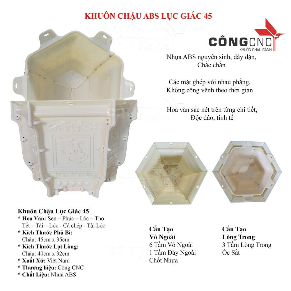 Khuôn chậu lục giác 45cm (Không chân), đầy đủ lòng trong, đa dạng hoa văn, thi công dễ dàng