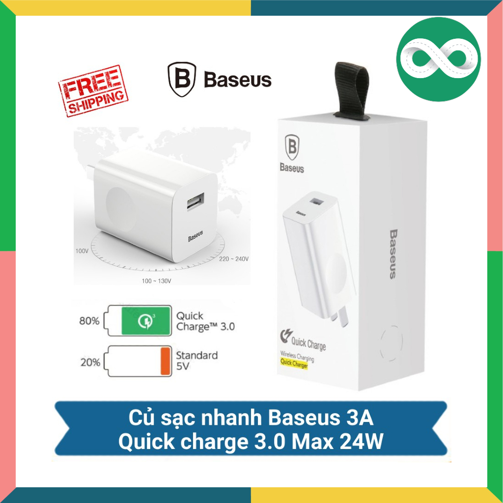 CỐC SẠC CỦ SẠC NHANH BASEUS 3A \ 24w quick charge 3.0 chống cháy nổ - dành cho tất cả dòng máy