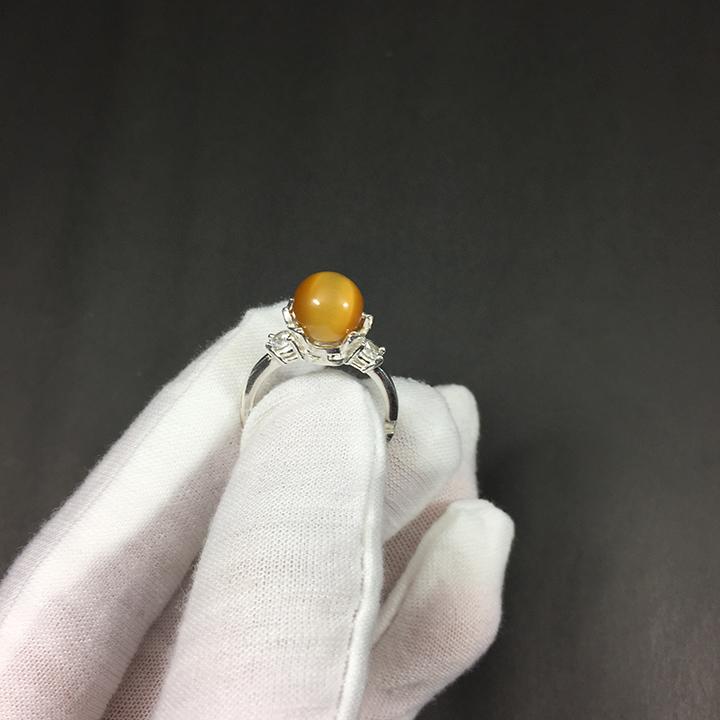 Nhẫn bạc đính đá mắt hổ vàng tâm tiger eye tự nhiên free size phù hợp cho nữ mệnh Thổ và Kim