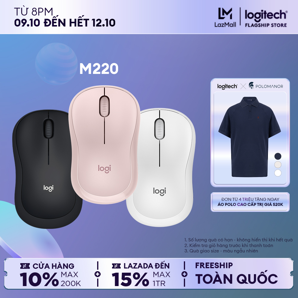 Chuột không dây Logitech M220 Silent giảm ồn - USB 2.4GHz, pin 18 tháng, thiết kế thuận 2 tay, phù hợp PC/ Laptop