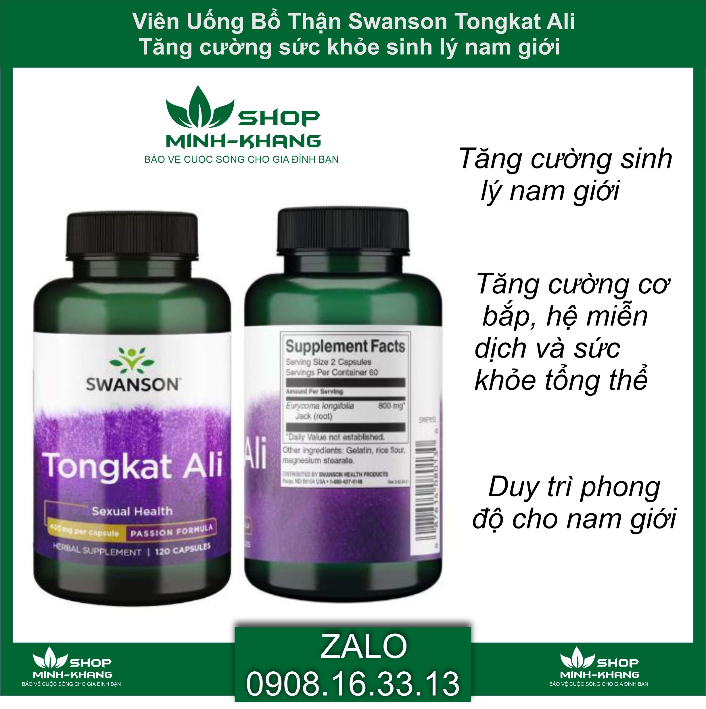Viên uống tăng cường sinh lý swanson tongkat ali 400mg 120 viên hsd 7/2026