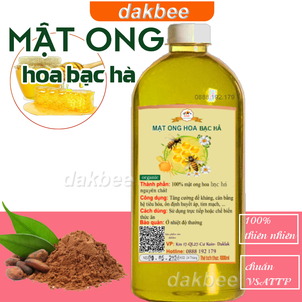 [COMBO] 1 lít Mật ong hoa bạc hà nguyên chất Hà Giang + 100g Cacao quà tặng - dakbee - tăng cường sức khỏe, sức đề kháng, cam kết chất lượng