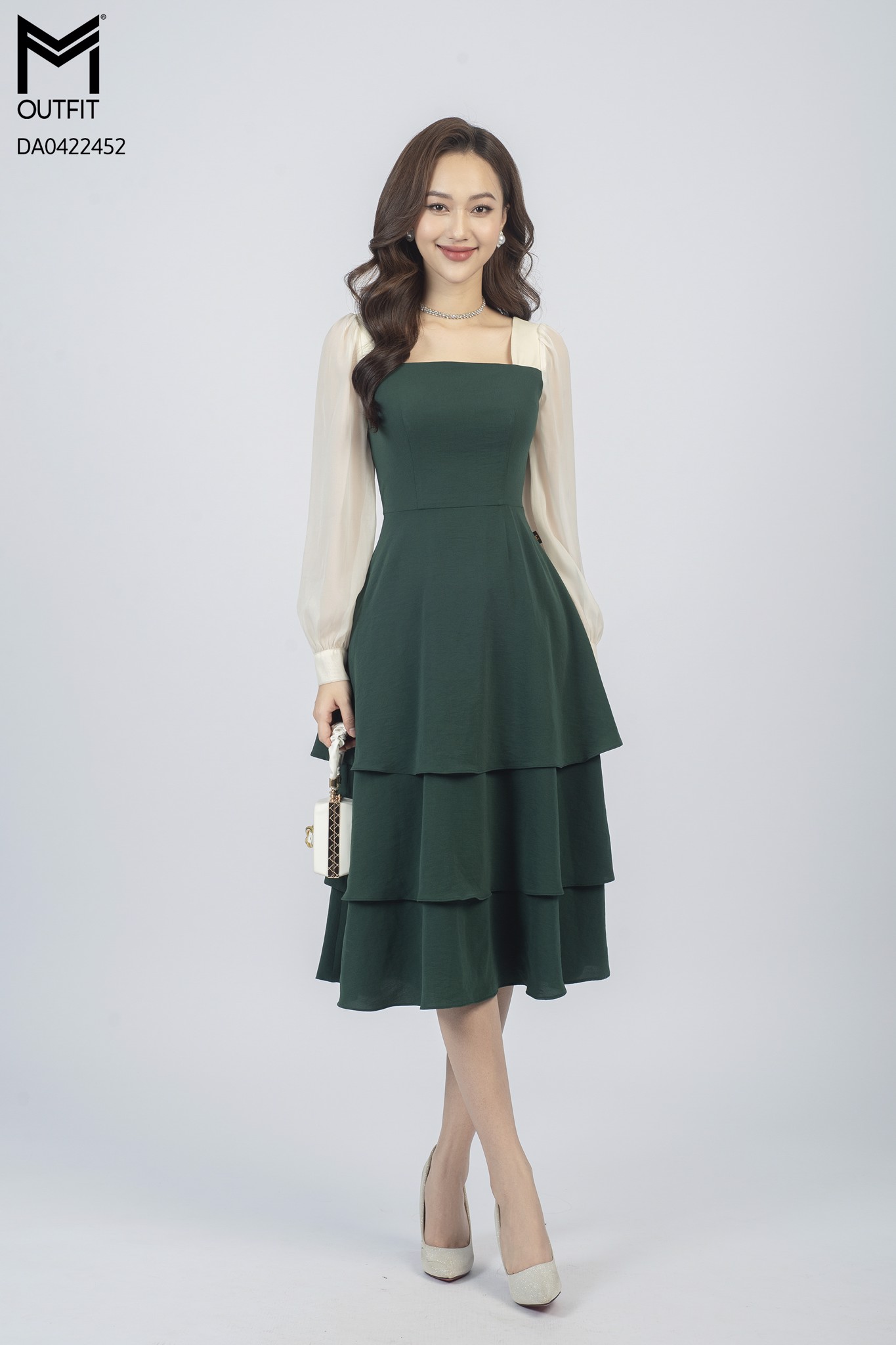Đầm dáng xòe, 3 tầng, cổ U, tay dài phối voan - mmoutfit