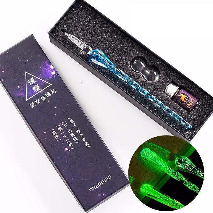 Bút thủy tinh pha lê cầu vồng dạ quang kèm 1 ông mực quà tặng trang trí tập viết tiếng Trung thư pháp bút cổ trang