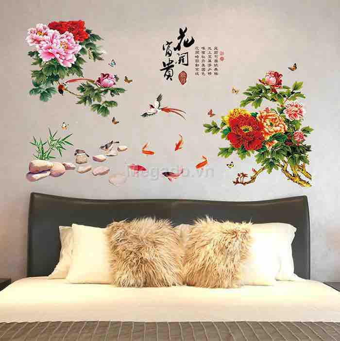 Decal tranh dán tường hoa mẫu đơn