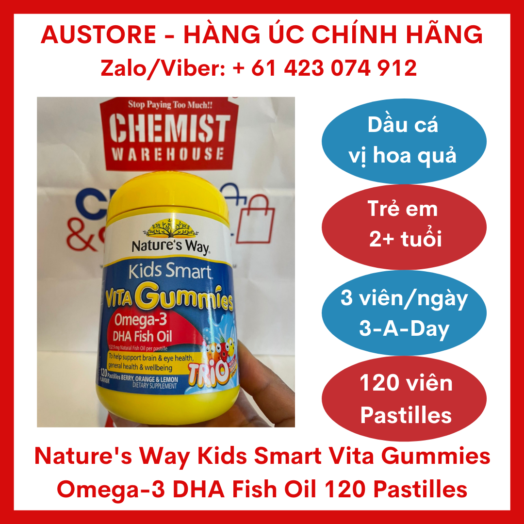 [Bill Úc] Nature's Way Kids Smart Vita Gummies Omega-3 DHA Fish Oil 120 Pastilles (for Children 2+ years) - Kẹo dẻo Omega 3 Nature Way Kid Smart bổ sung DHA & EPA cho trẻ từ 2 tuổi