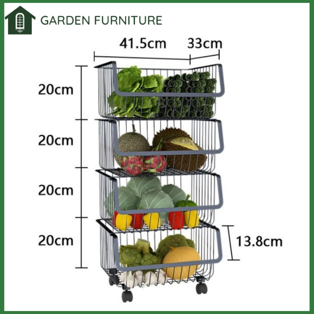 Kệ sắt 4 tầng có bánh xe để đồ dùng nhà bếp, kệ đựng rau củ, hoa quả, trái cây, gia vị, đồ dùng nhà bếp, Kệ có thể đặt trong bất kì không gian nào trong nhà bếp, phòng tắm, phòng ngủ, ... tối ưu không gian lưu trữ đồ