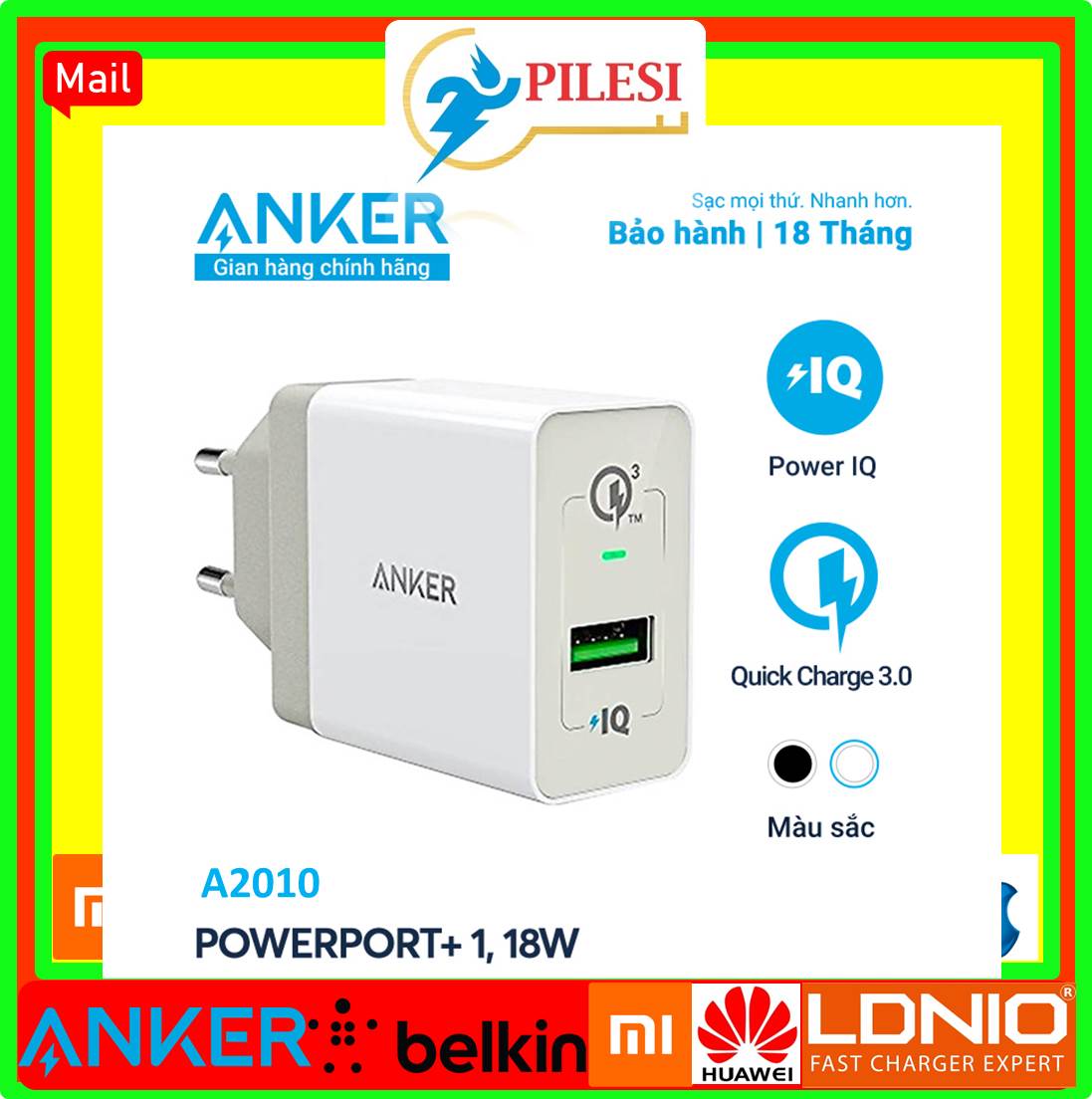 Sạc anker powerport+ 1 cổng 18w quick charge 3.0 có poweriq - a2010 tray không box