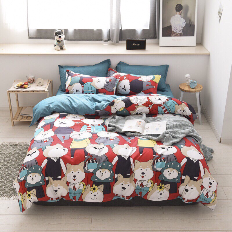 Bộ Chăn Ga Gối Cotton Hàn Quốc - Cún Ngầu  ( 1 Drap + 2 Vỏ Gối Nằm + 1 Chăn Lồng Được Ruột ) Không Phai , Không Xù , Kích Thước Đa Dạng